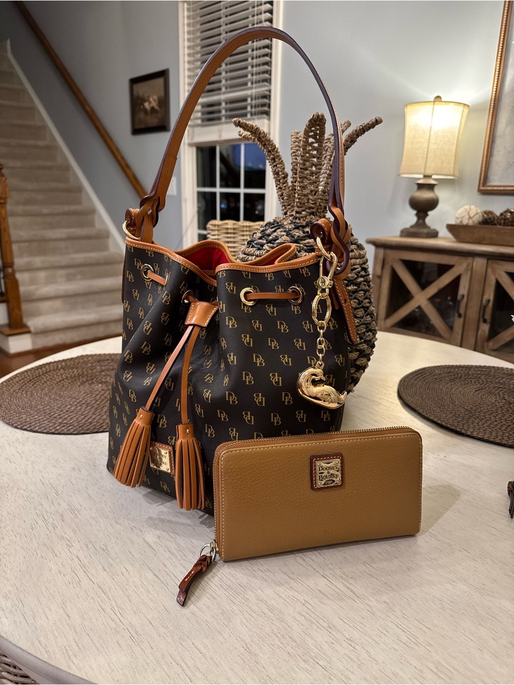 Dooney & Bourke Monogram Gretta Drawstring bag with Tan Trim and Red Lining - Picture 4 of 10